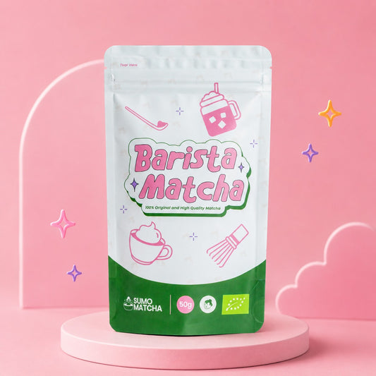 Barista Matcha packaging on a pink background