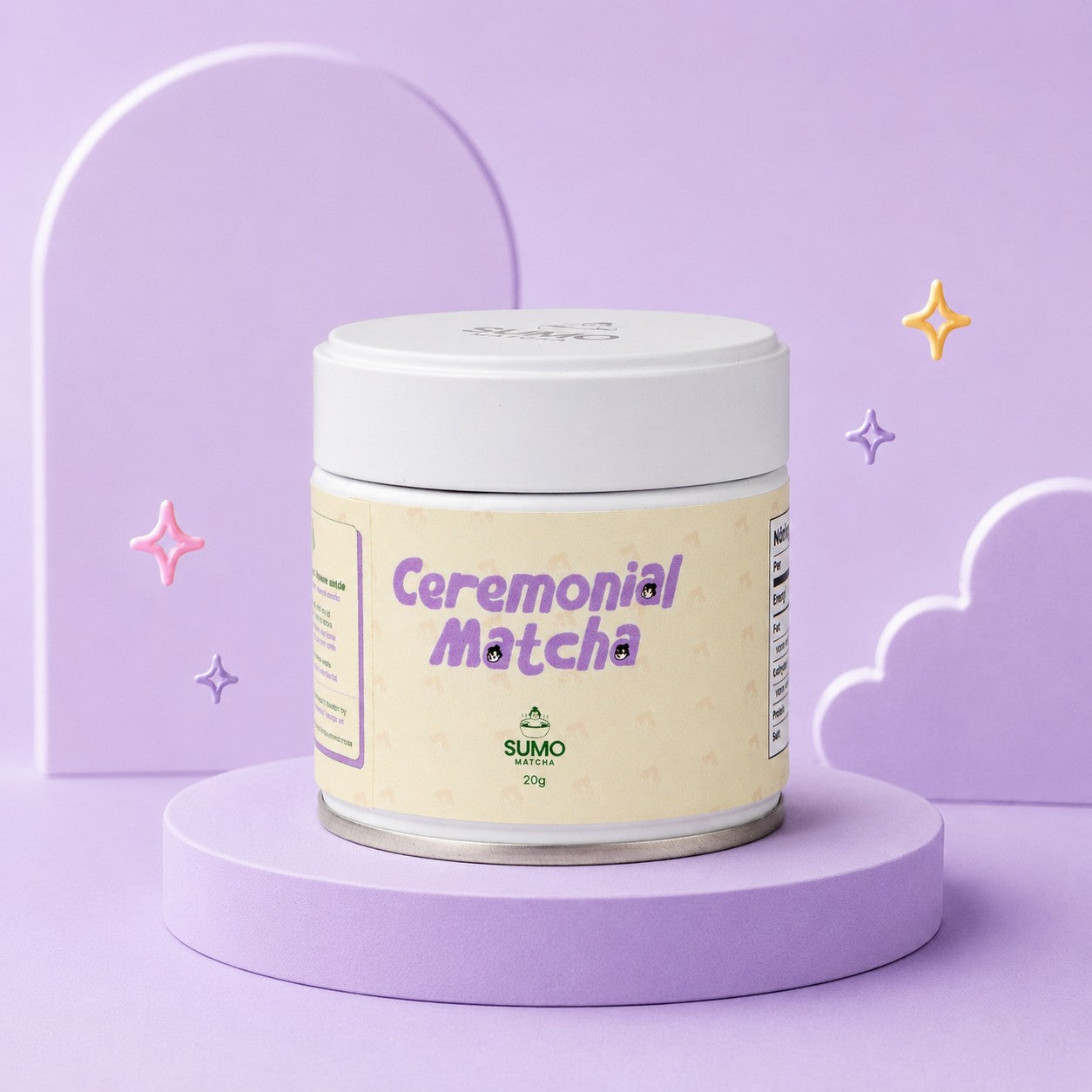 Sumo Ceremonial Matcha container on a purple platform with a light purple background