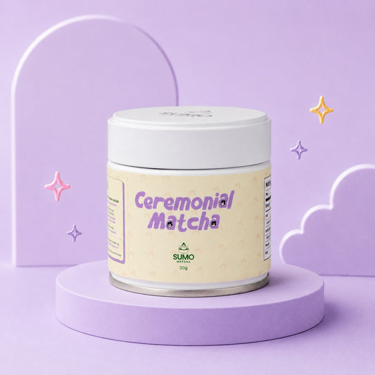 Sumo Ceremonial Matcha container on a purple platform with a light purple background