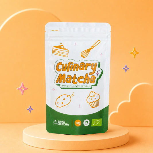 Culinary Matcha packaging on a peach background