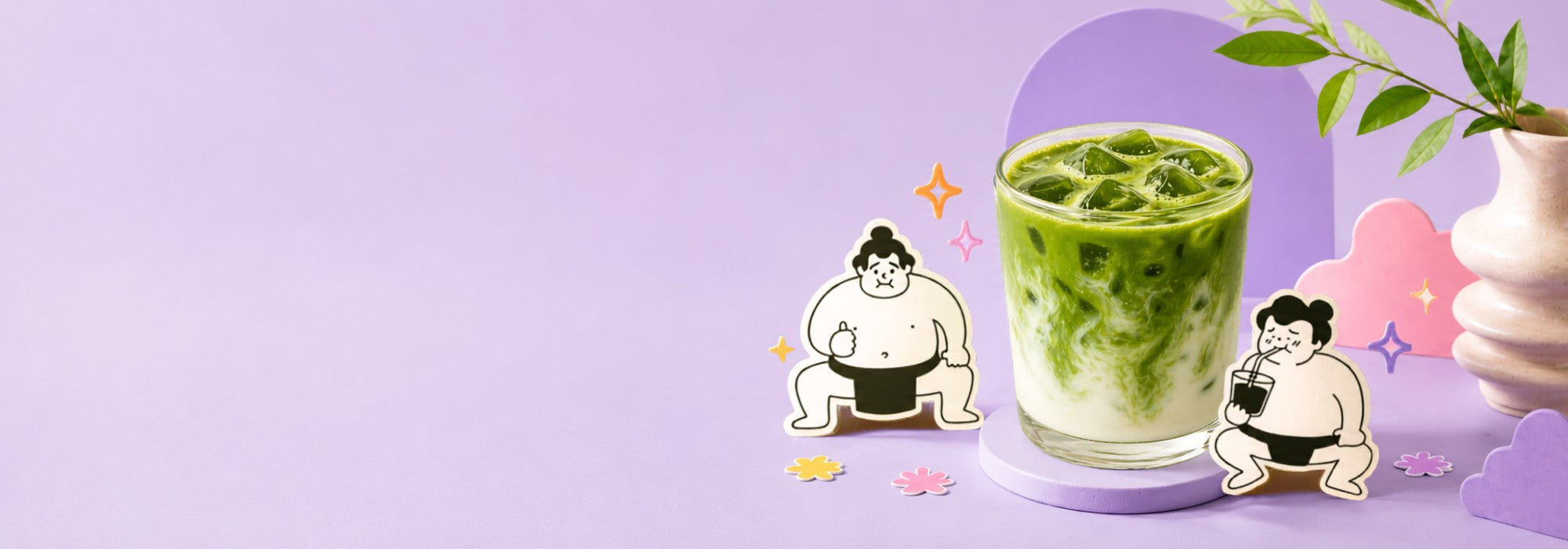 Iced matcha latte with sumo characters — organic ceremonial matcha from Kyoto Japan by Sumo Matcha