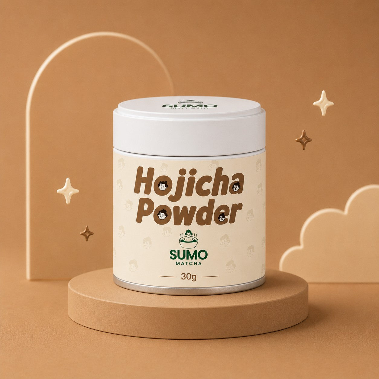 Sumo Matcha Hojicha Powder container on a brown platform with decorative elements.