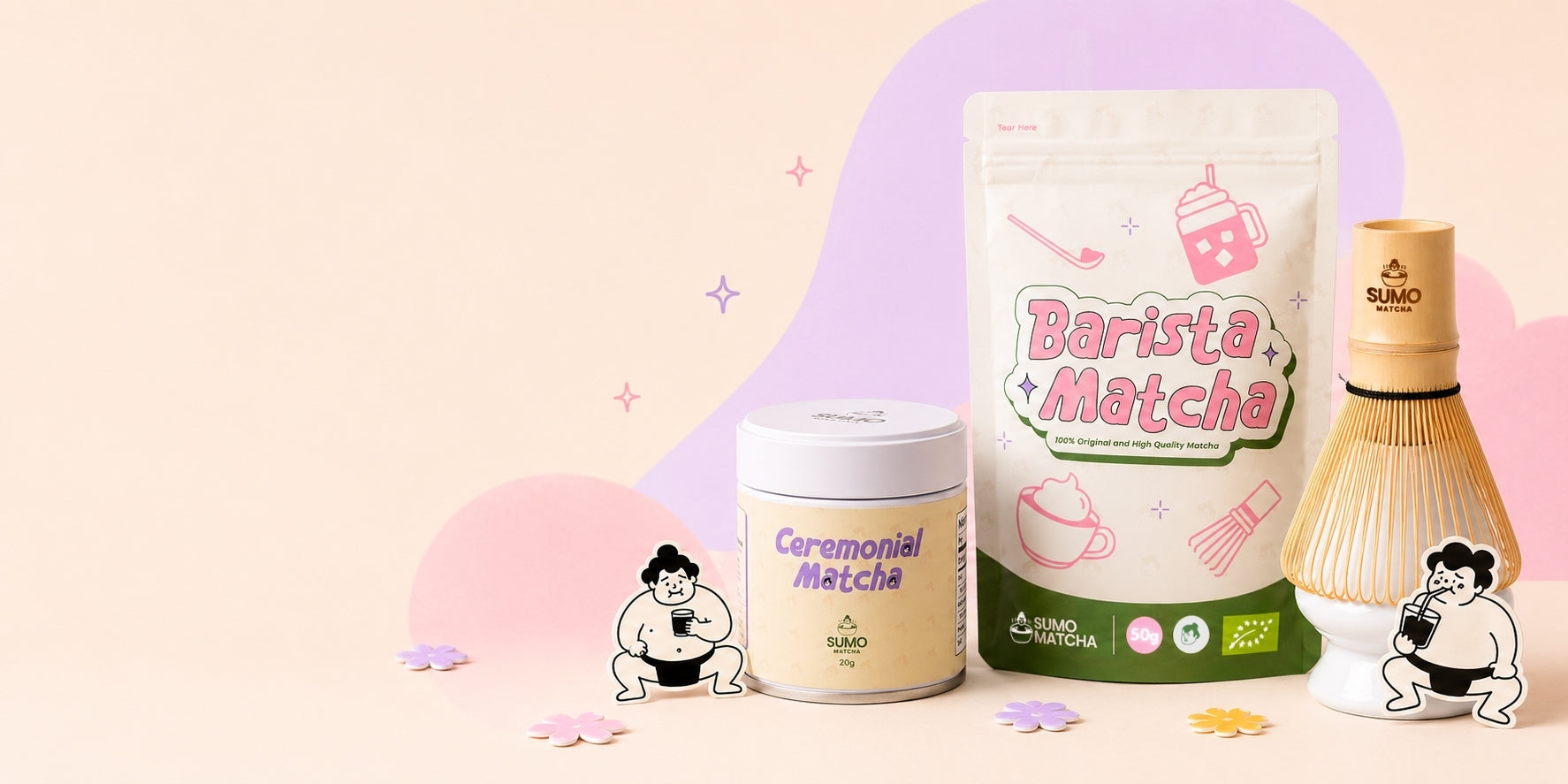 Two containers of 'Barista Matcha' and 'Ceremonial Matcha' with decorative elements on a light pink background.