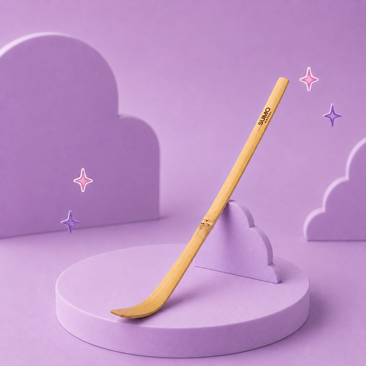 Wooden spoon with 'Sumo' branding on a purple platform and background